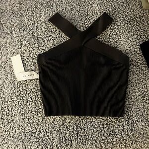 Aritzia Black Ribbed Cross-Strap Crop Top